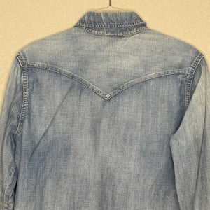 ABLE Denim Western Shirt Womens Size Small Denim Pearl Snap Fringe