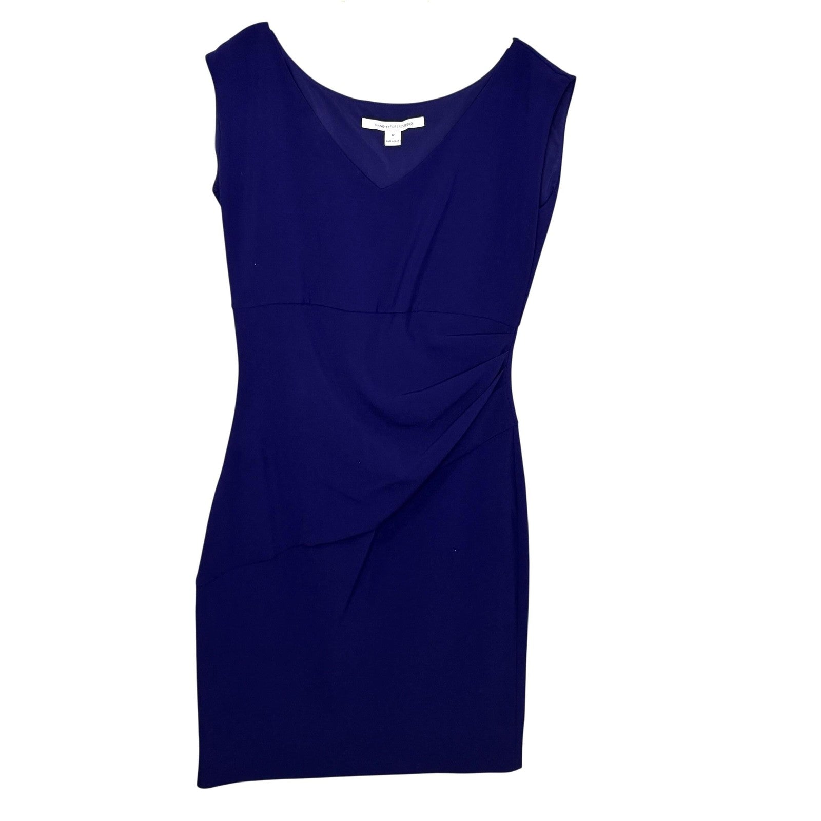 Diane von Furstenberg Dress Womens 12 Blue V Neck Sleeveless Sheath Ruched Lined