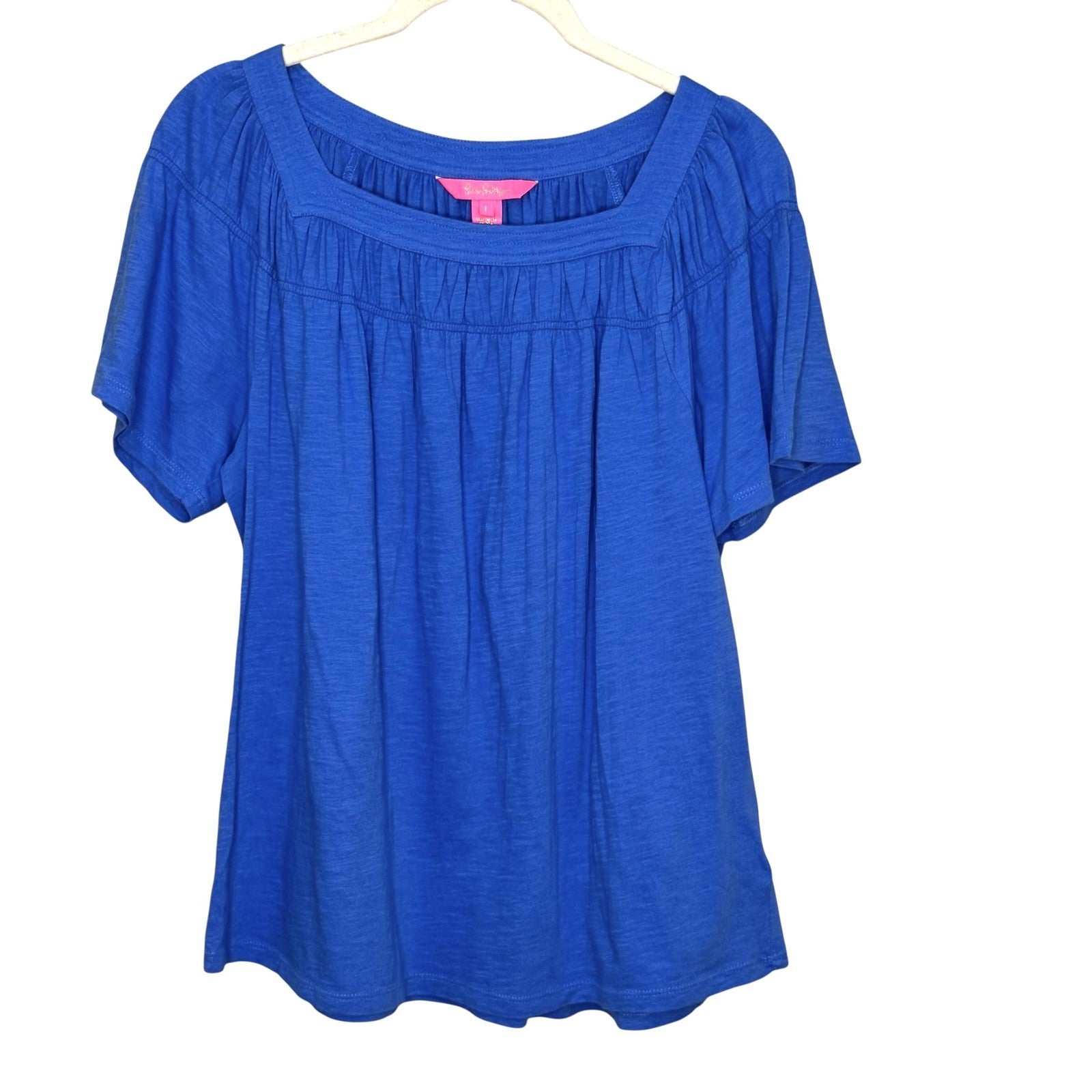Lilly Pulitzer Shirt Womens Large Blue Short Sleeve Square Neck 100% Cotton Top