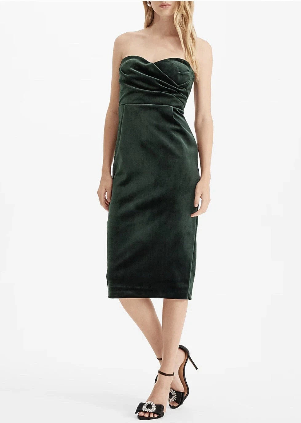 Express Dress Womens XS Green Velvet Strapless Midi Cocktail Formal Slit Party