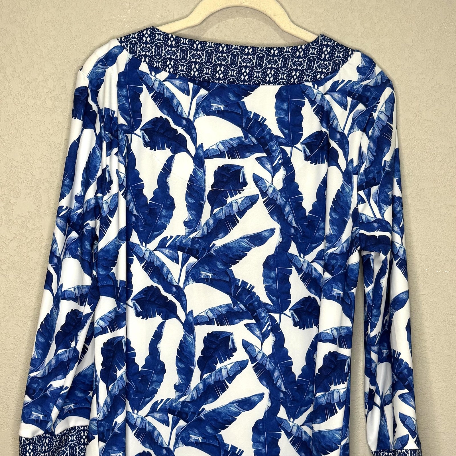 Cabana Life Dress Womens Large Blue White Palm Print Tunic UPF 50 Sun Protection
