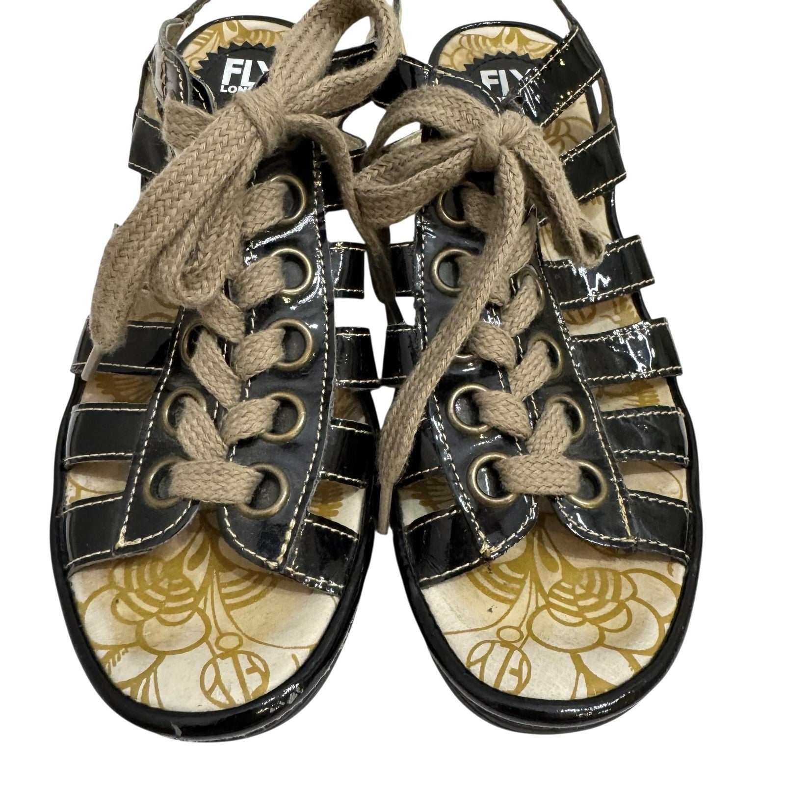 Fly London Shoes Womens Size 10 Black Patent Wedge Gladiator Lace Up Sandals