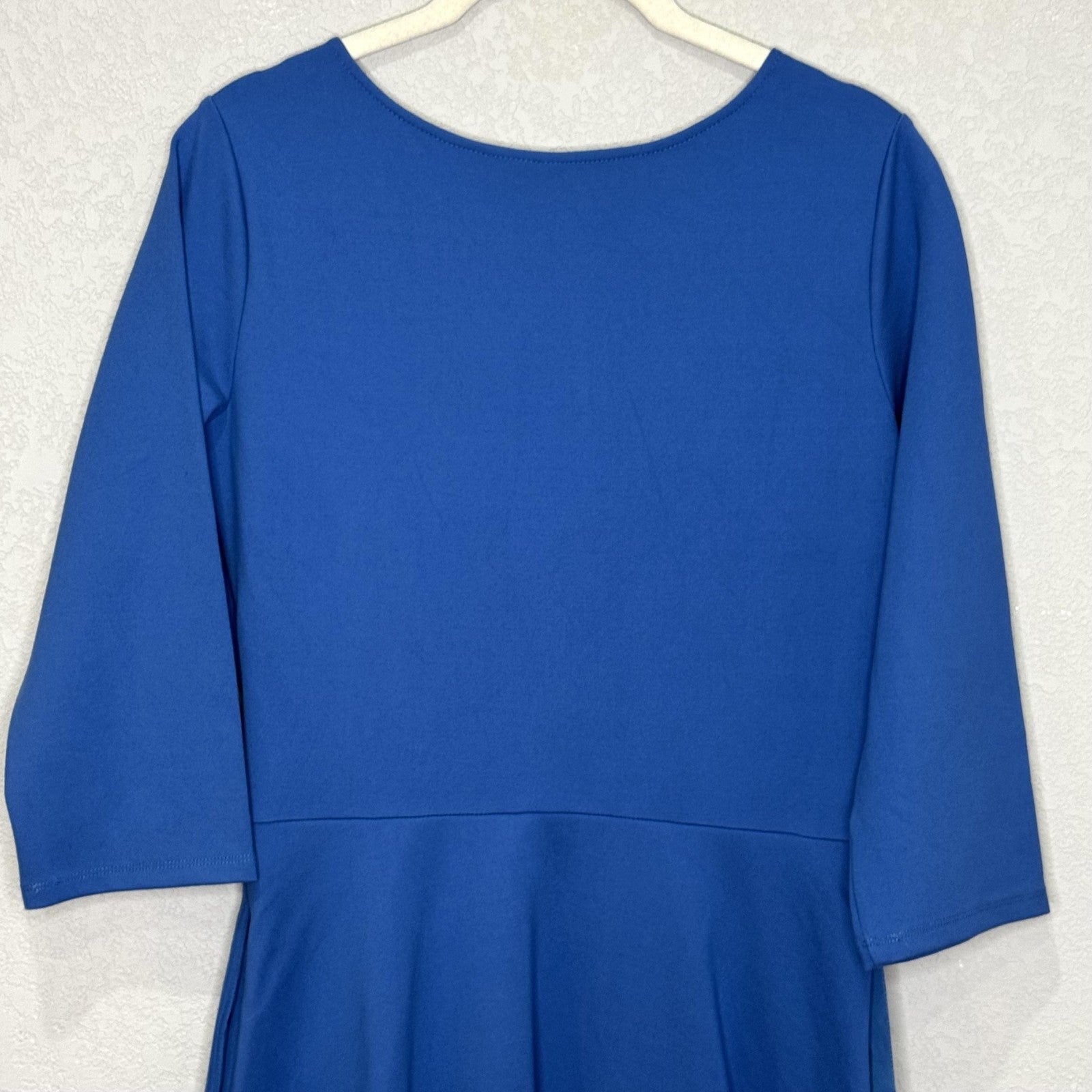 Betabrand Round-Trip Dress Medium Blue 3/4 Sleeve Faux Wrap Fit Flare Comfy Work