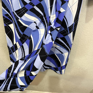 J McLaughlin Dress Womens Small Blue Black White Wrap 3/4 Sleeve Geometric Print