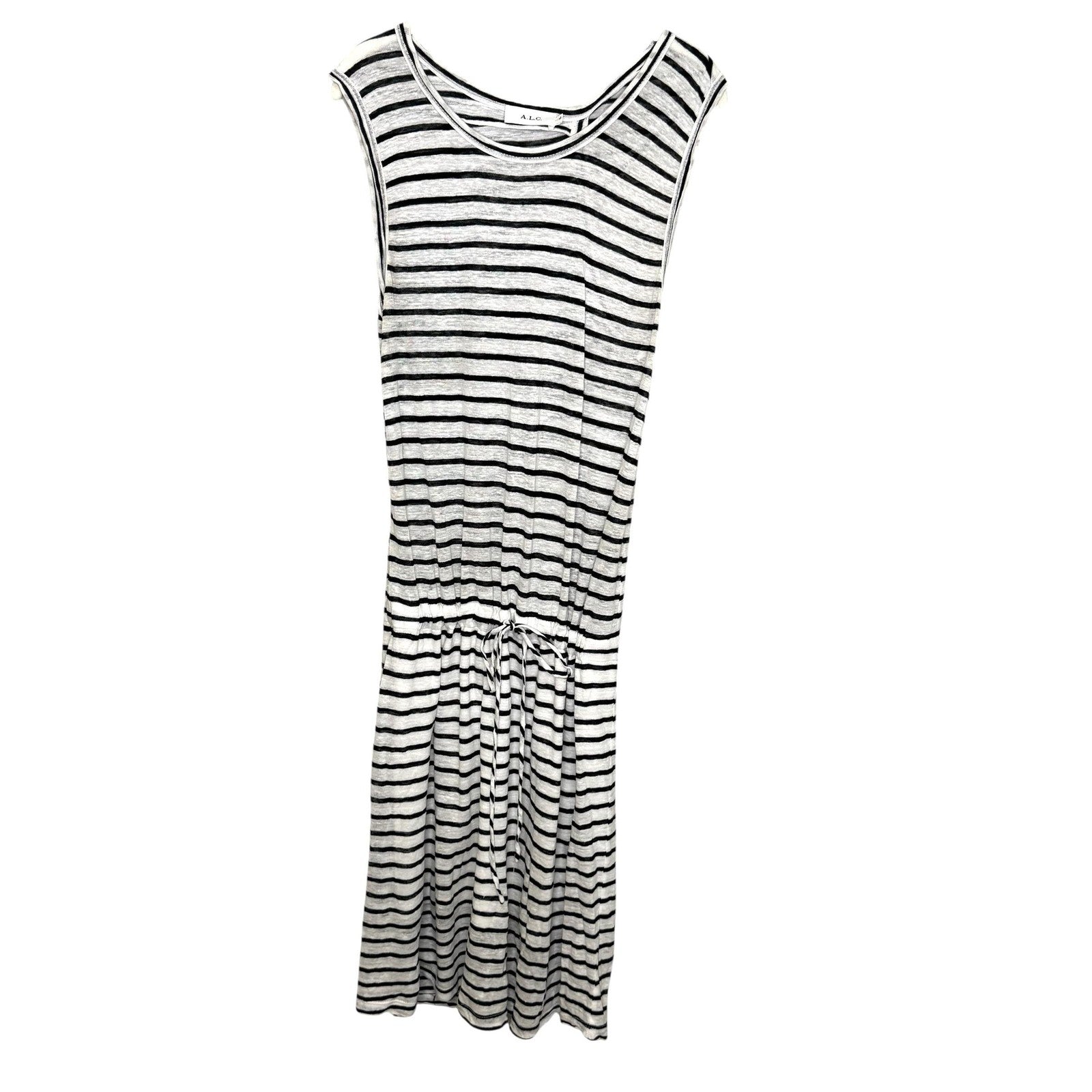 A.L.C. Dress Womens Medium Black White Striped Linen Sleeveless Midi Drawstring