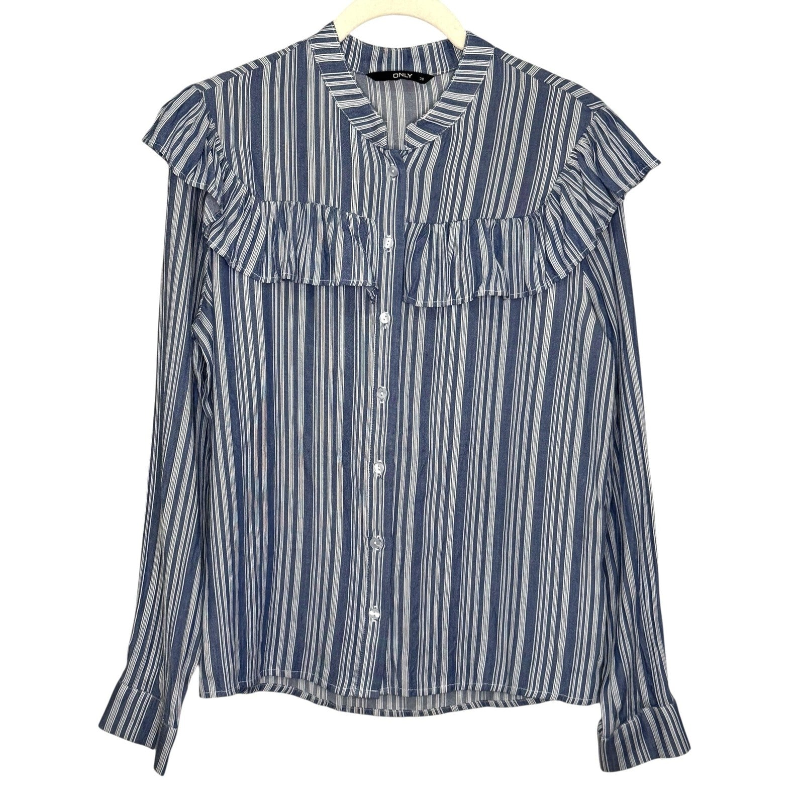 ONLY Shirt Womens Medium EU 38 Blue White Stripe Ally Frill Long Sleeve Ruffle