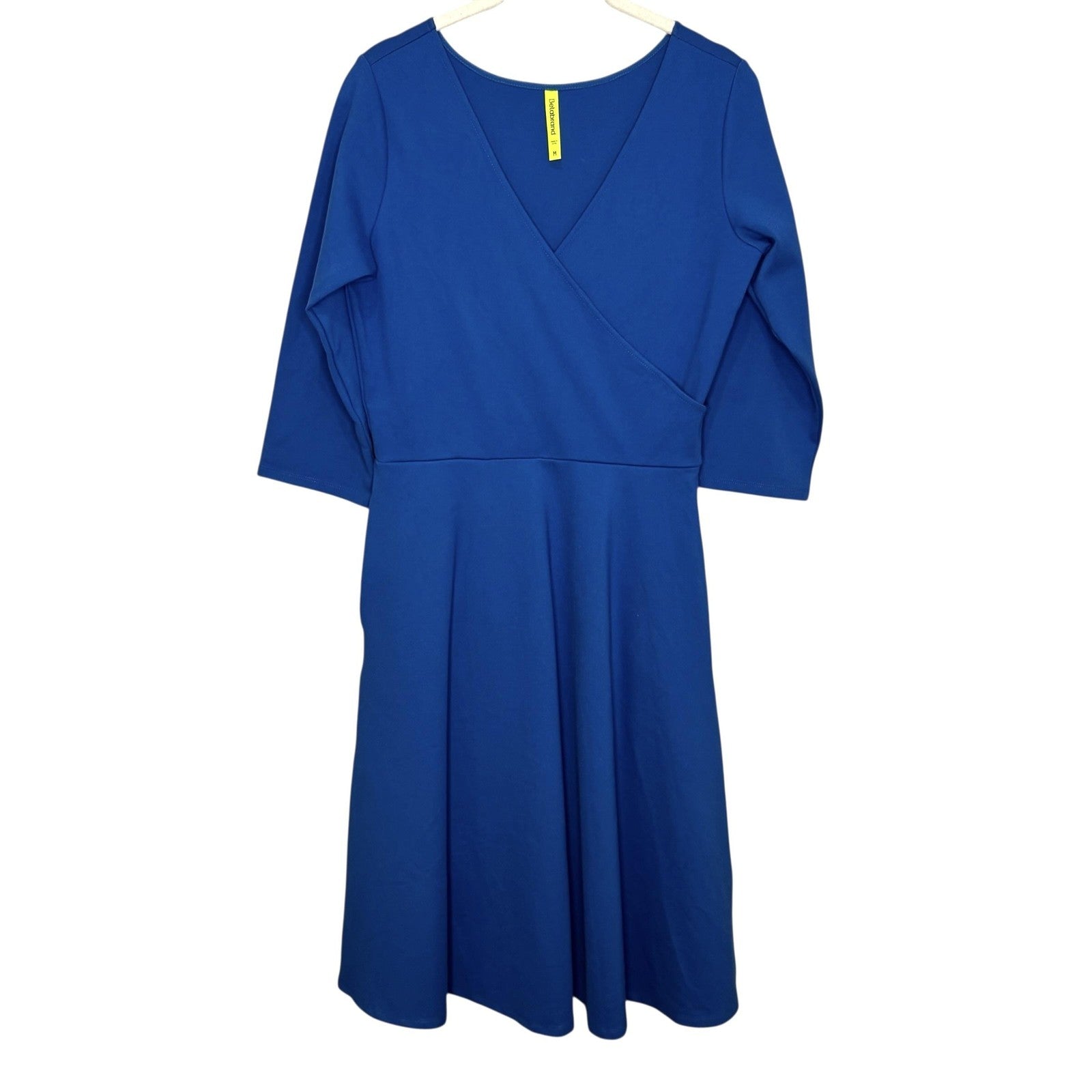 Betabrand Round-Trip Dress Medium Blue 3/4 Sleeve Faux Wrap Fit Flare Comfy Work