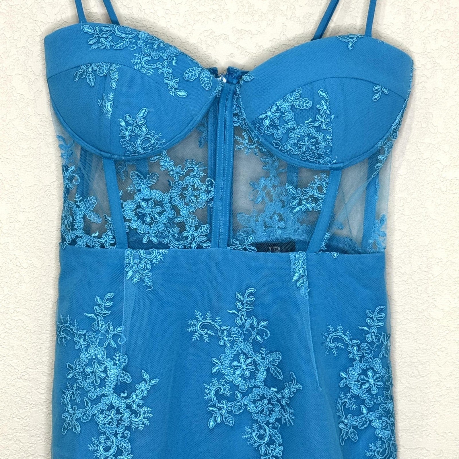 NBD Dress Womens XS Blue Lace Mesh Sheer Floral Embroidered Bustier Midi Strappy