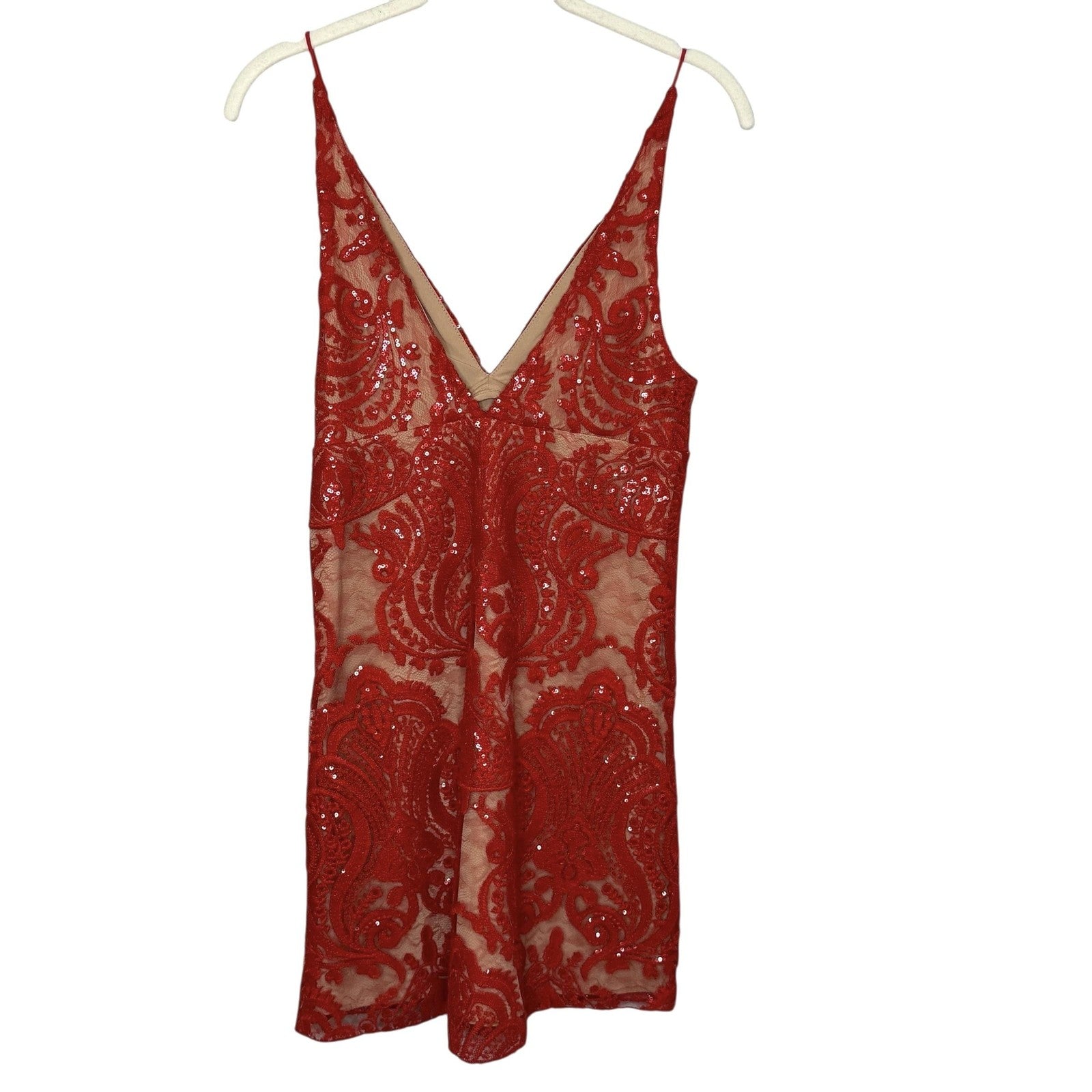 Free People Romper Womens 0 Red Sequin Lace Mesh V Neck Spaghetti Straps Mini