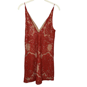 Free People Romper Womens 0 Red Sequin Lace Mesh V Neck Spaghetti Straps Mini