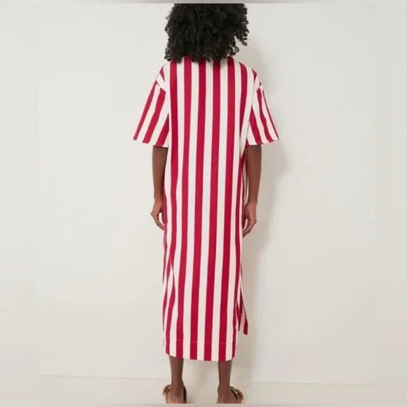 Pomander Place Dress Womens Small Striped Split Neck Pocket Midi Casual Summer