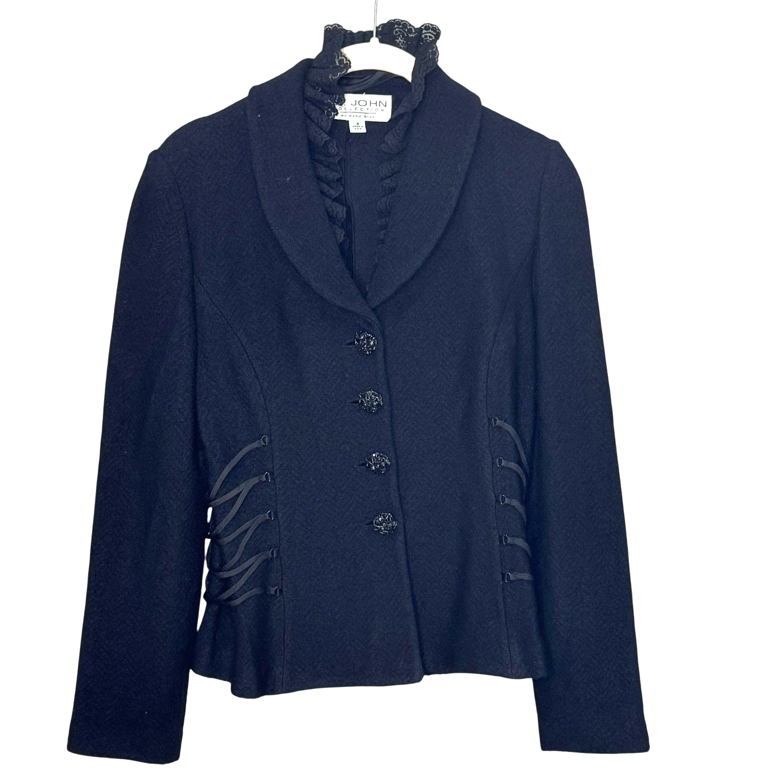St John Collection Blazer Womens 4 Black Lace Ruffle Collar Corset Trim Made USA