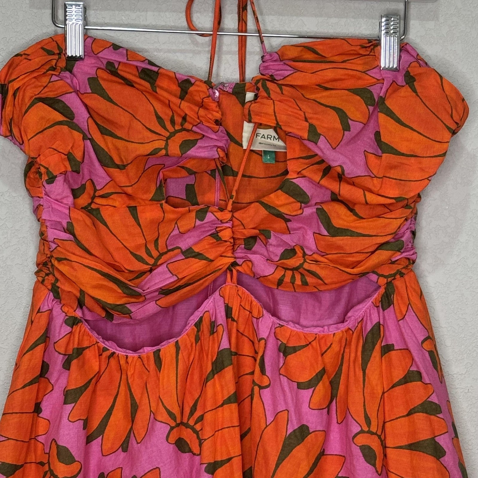 Farm Rio Dress Womens Large Pink Orange Floral Cutout Halter Mini Summer Beaded