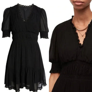 AllSaints NEW Black Ruffle Elastic Waist V-Neck A-Line Via Dress Size 6 $229