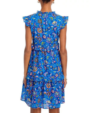 Banjanan NEW Azure Blue Floral Cotton V-Neck Ruffle Mini Chandra Dress Size XS