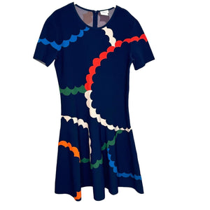 Akris Punto Navy Blue Multicolor Print A-Line Dress Size 14 $1390