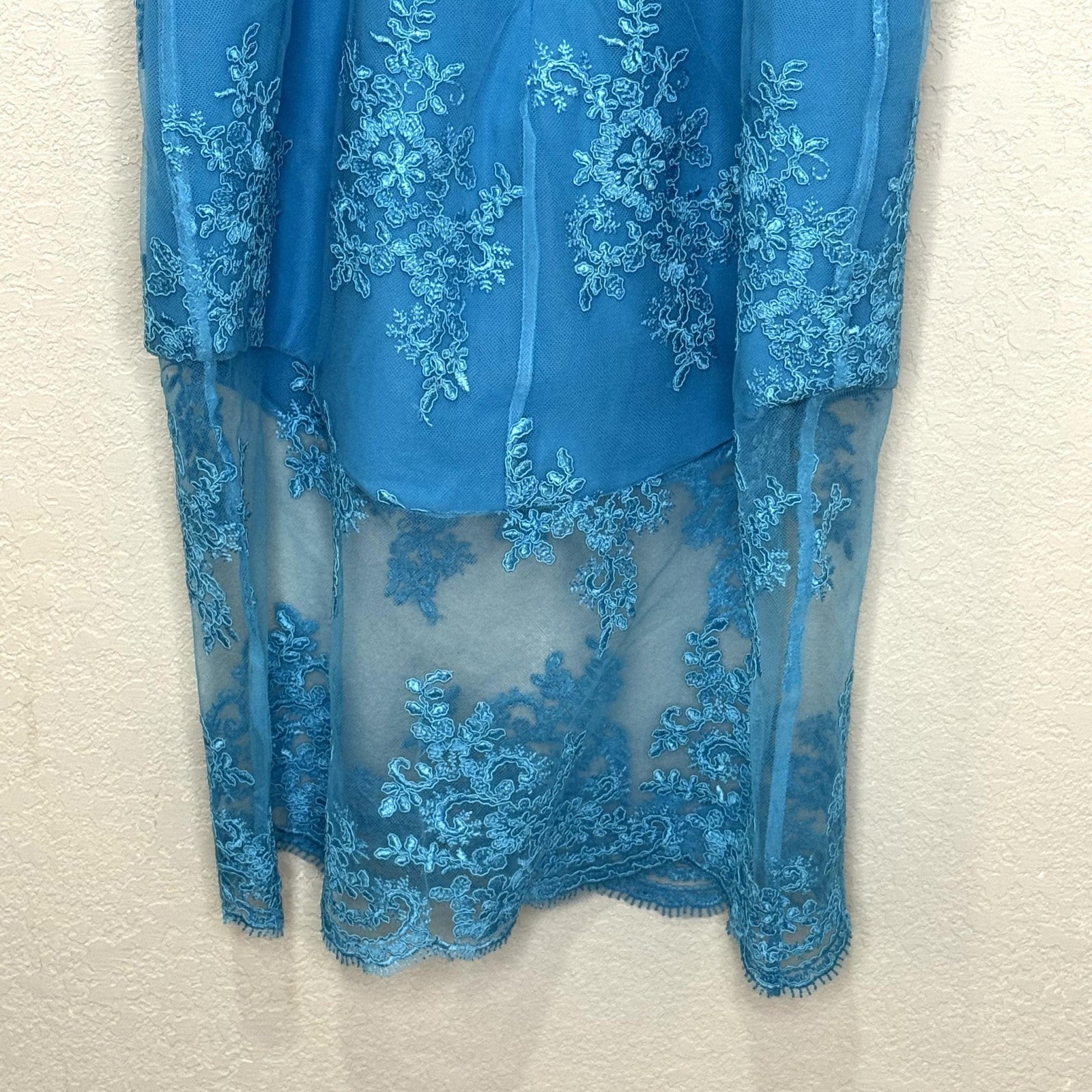 NBD Dress Womens XS Blue Lace Mesh Sheer Floral Embroidered Bustier Midi Strappy