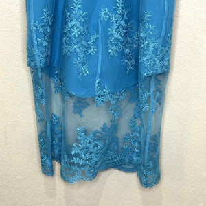 NBD Dress Womens XS Blue Lace Mesh Sheer Floral Embroidered Bustier Midi Strappy