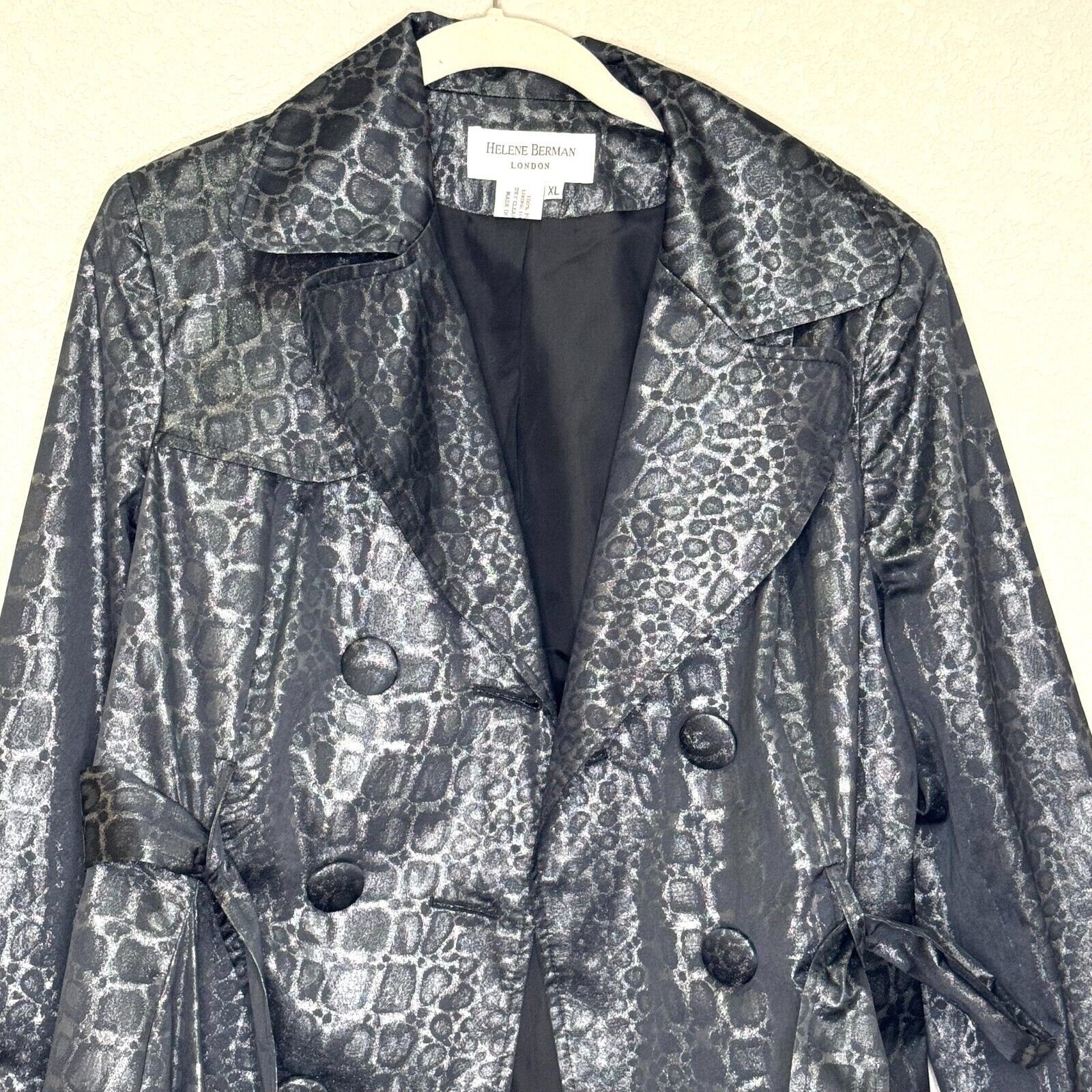 Helene Berman London Trench Coat Jacket Size XL Black Silver Belted Animal Print