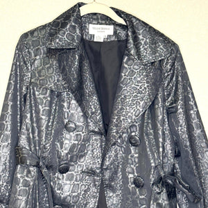 Helene Berman London Trench Coat Jacket Size XL Black Silver Belted Animal Print