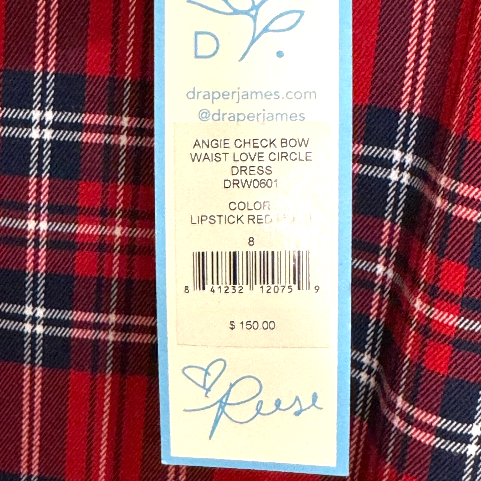 Draper James NEW Red Plaid Angie Check Love Circle Holiday Dress Size 8 $150