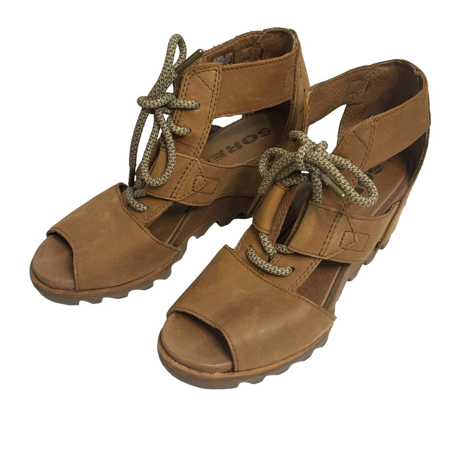 Sorel Joanie II Camel Leather Wedge Heel Strappy Sandals Size 7.5 NL2914-224