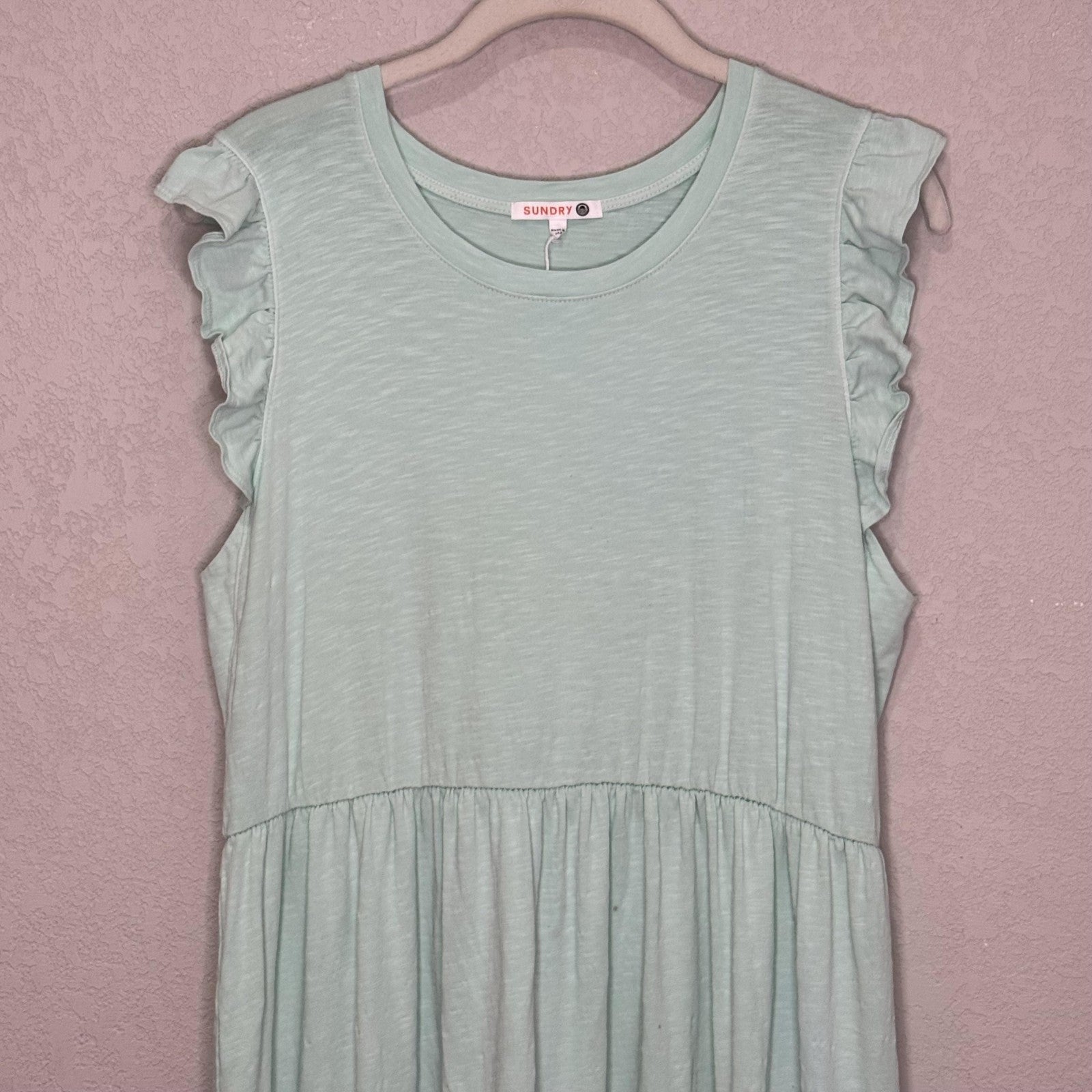 Sundry Dress Womens Size 3 Large Mint Green Ruffle Maxi Sleeveless Made USA