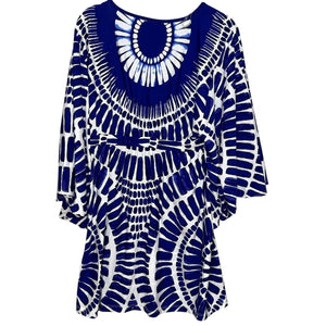 Trina Turk Algiers Tunic Swim Cover Up DressSize Medium Indigo Blue White Ikat