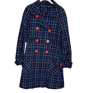 Marc Jacobs 2003 Double Breasted Blue Plaid Wool Coat Red Buttons Size XS/S