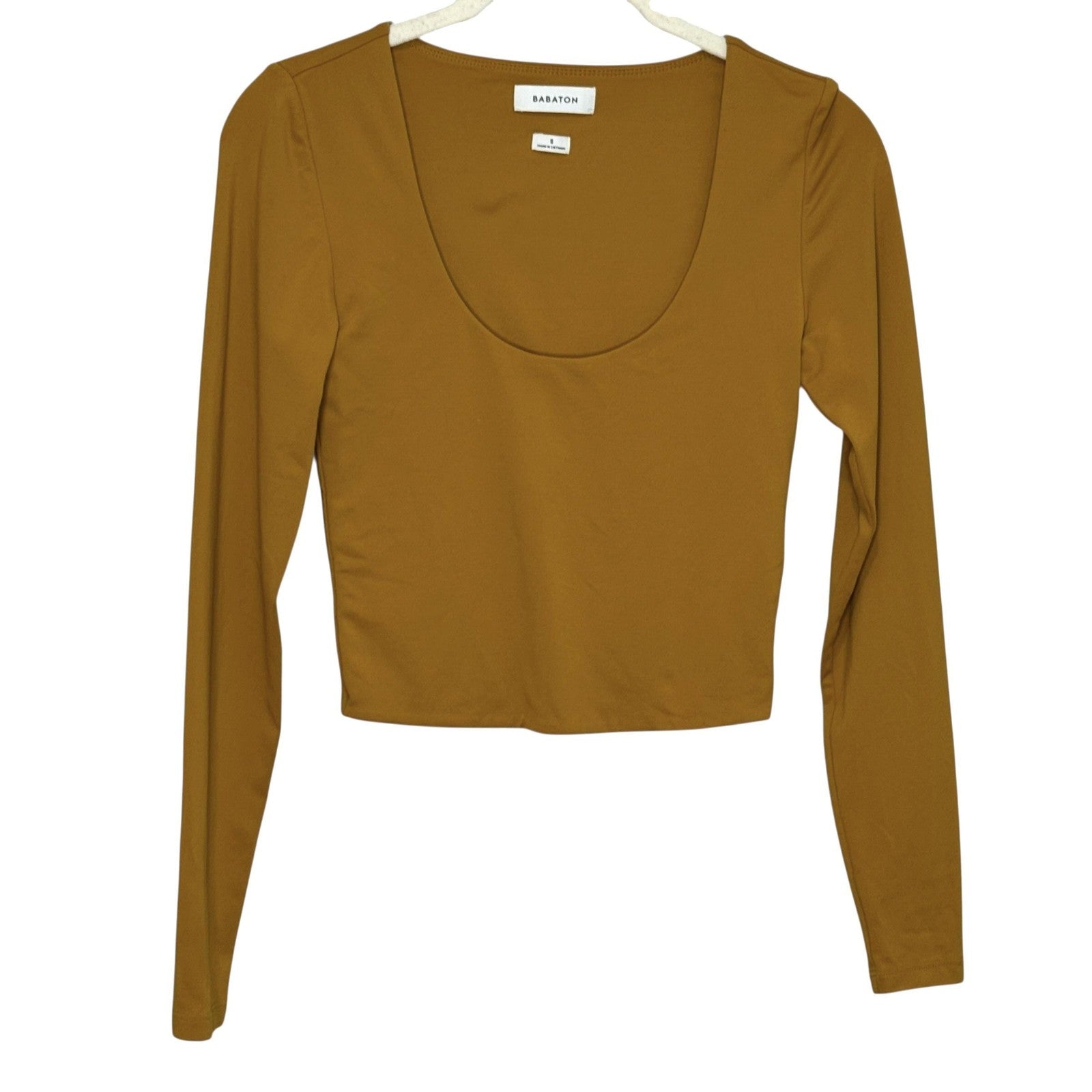 Babaton Contour Crop Top Womens Small Camel Brown Long Sleeve Scoop Neck Fitted