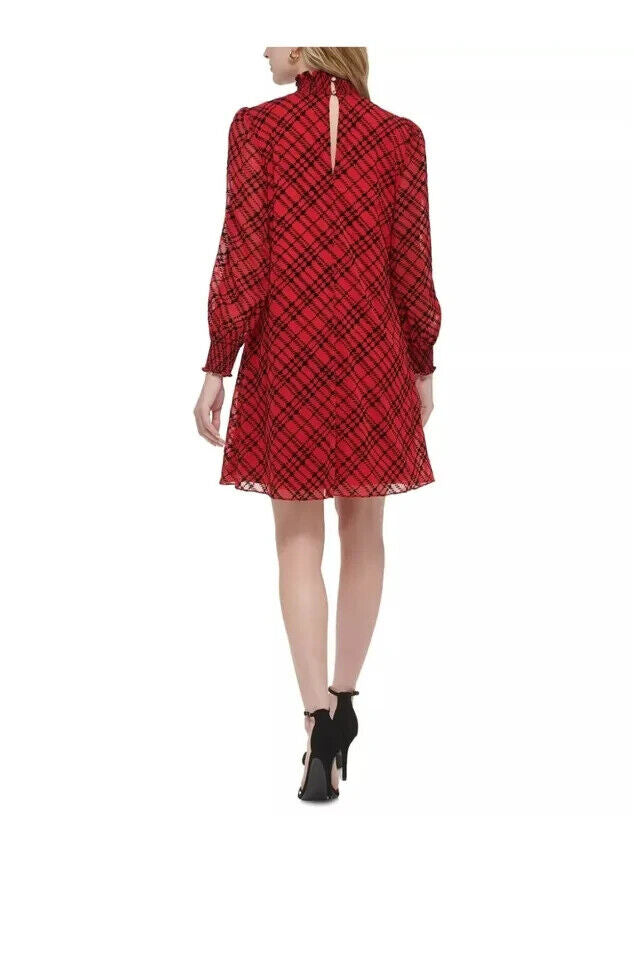 Tommy Hilfiger Red Plaid Mock Neck Long Sleeve Chiffon Shift Dress Size 12