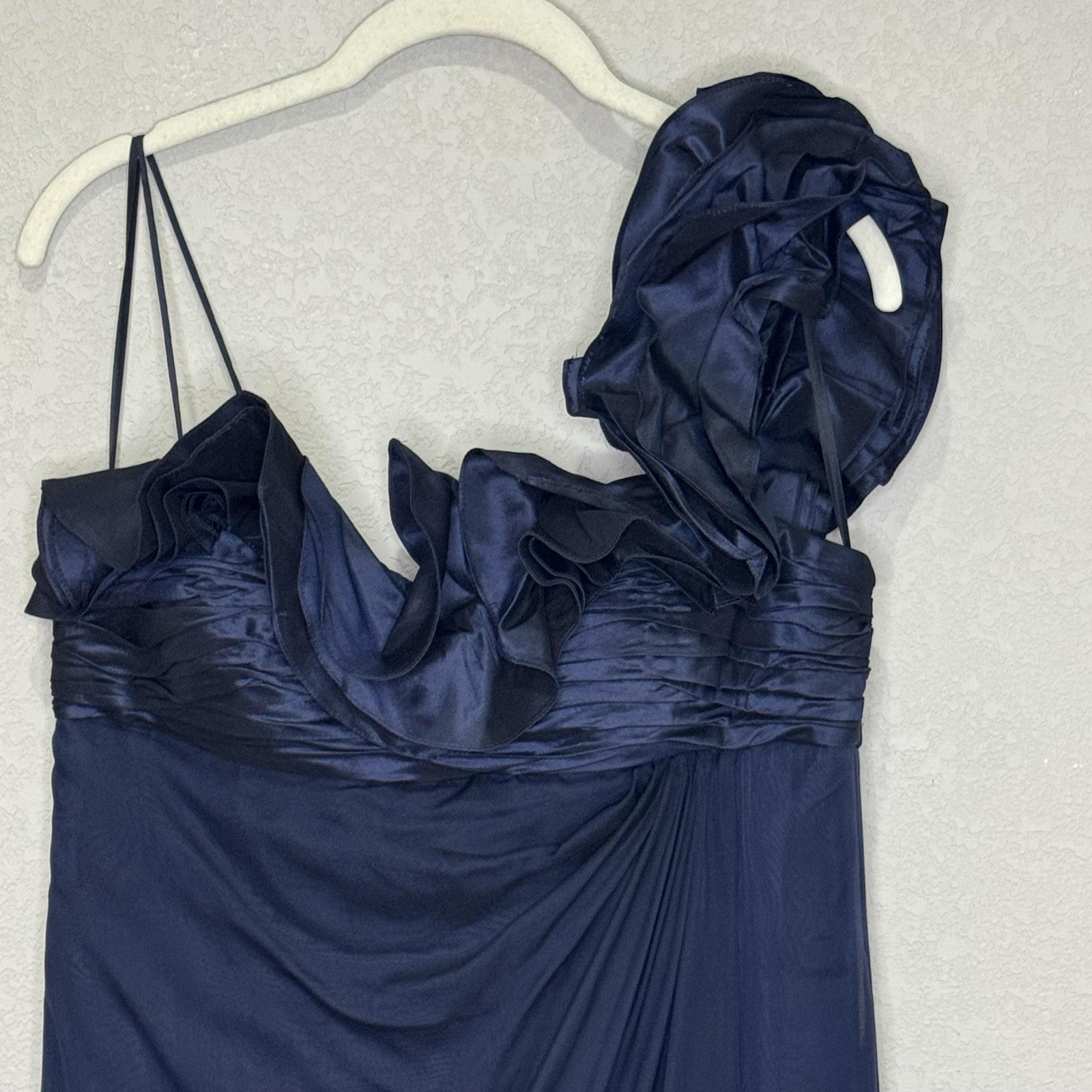 Teri Jon Evening Gown Womens 8 Navy Blue Silk One Shoulder Ruffle Formal Dress