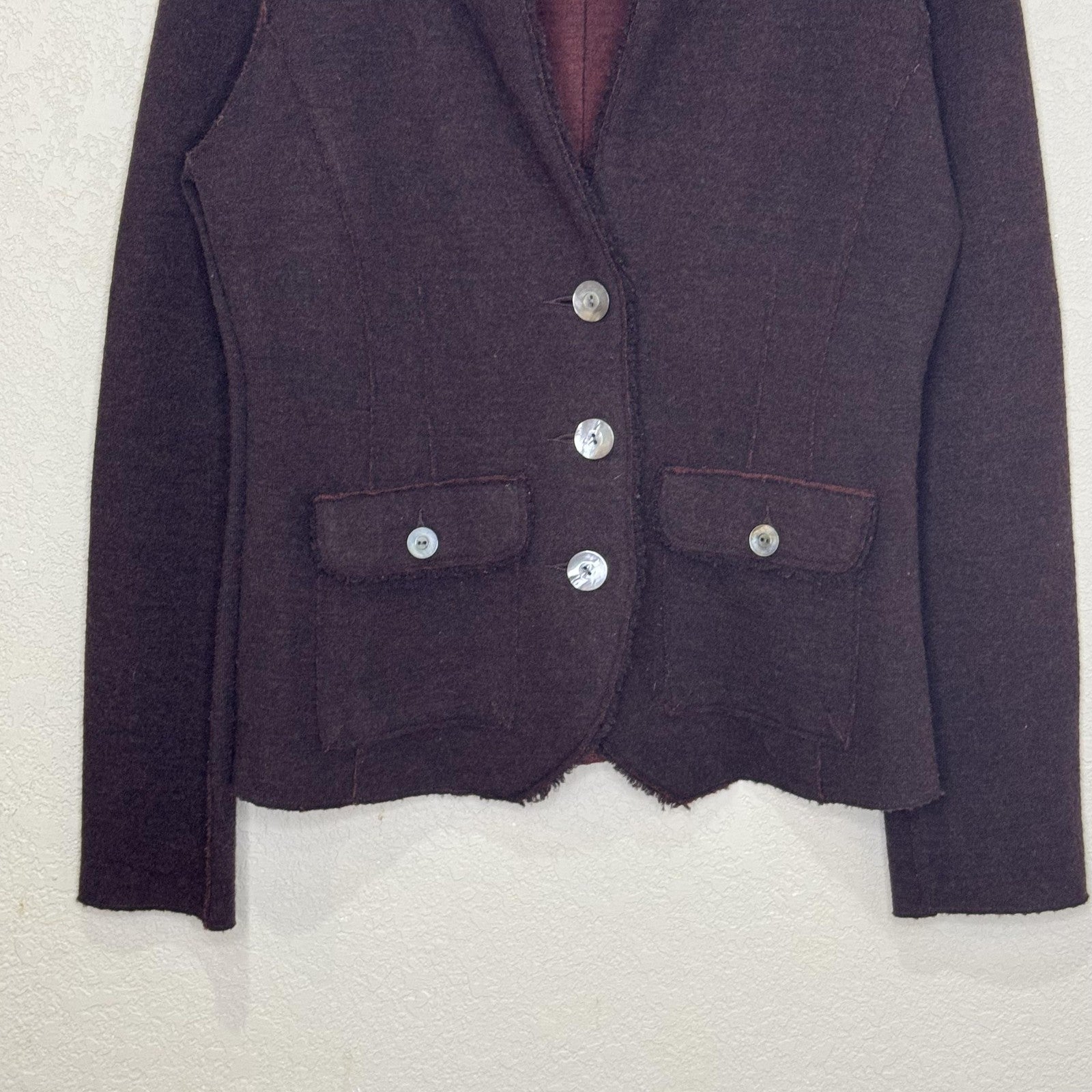 Eileen Fisher Blazer Jacket Womens Small Brown Burgundy Merino Wool Knit Button
