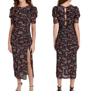 Free People NEW Black Multi Floral Briella Ruched Midi Dress Size Small $168