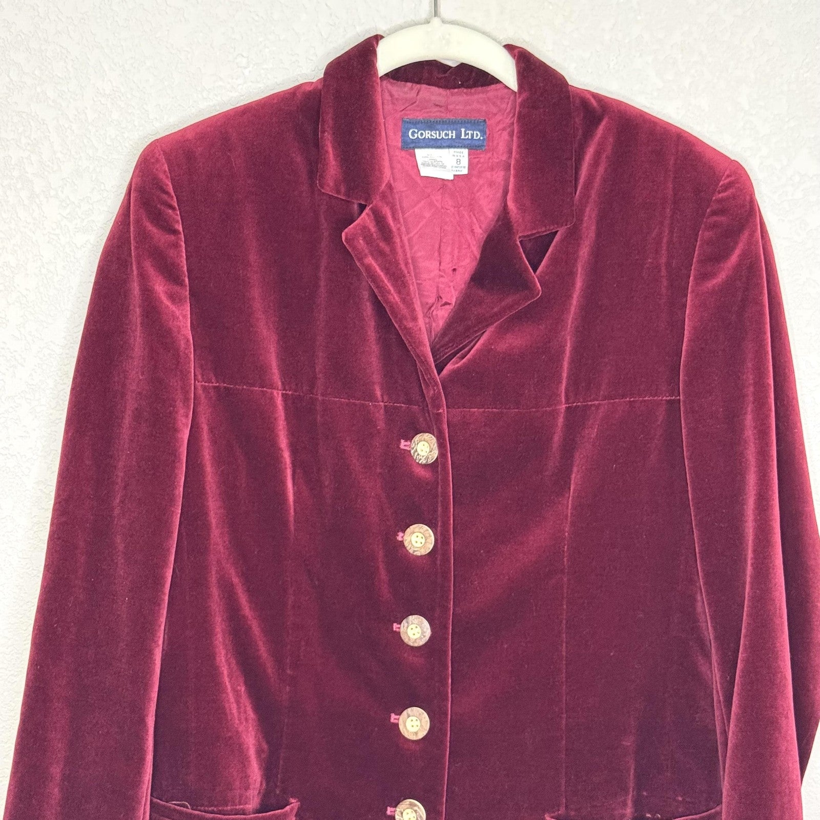 Gorsuch Ltd Blazer Womens 8 Burgundy Velvet Gold Buttons Made USA Lined Jacket