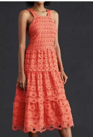 Anthropologie Maeve Coral Sleeveless Eyelet  Midi Sun Dress Size 12 NEW $260