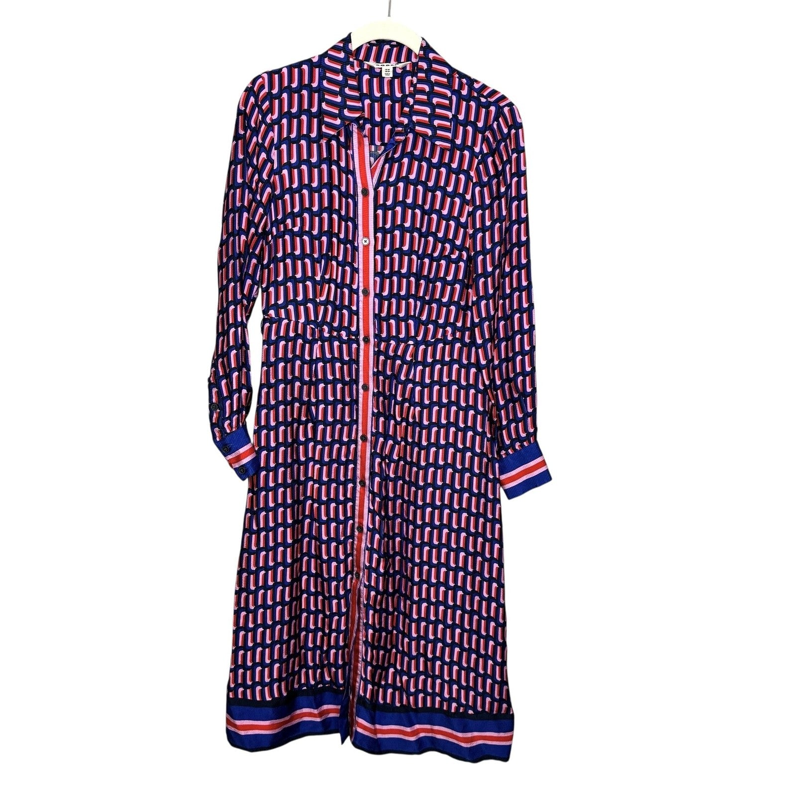 Boden Dress Womens 8 Petite Geometric Print Shirt Midi Belted Viscose