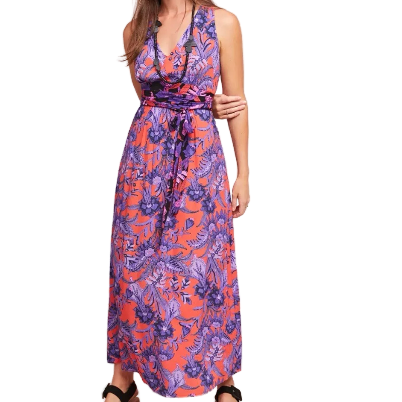 Anthropologie Maeve Macie Maxi Dress Size 4 Red Purple Floral Sleeveless Belted