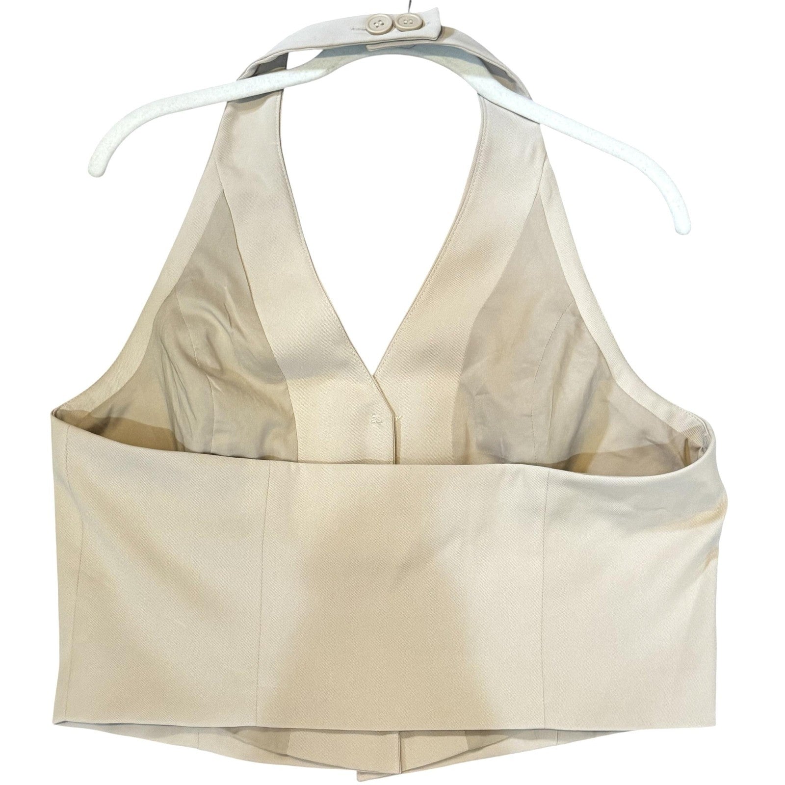 Open Edit Halter Crop Vest Womens Large Beige Button Front Sleeveless Blouse Top