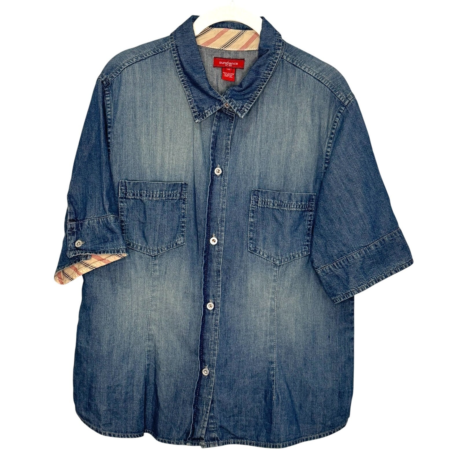 Sundance Button Down Denim Shirt Size 14 Short Sleeve 100% Cotton Short Sleeve