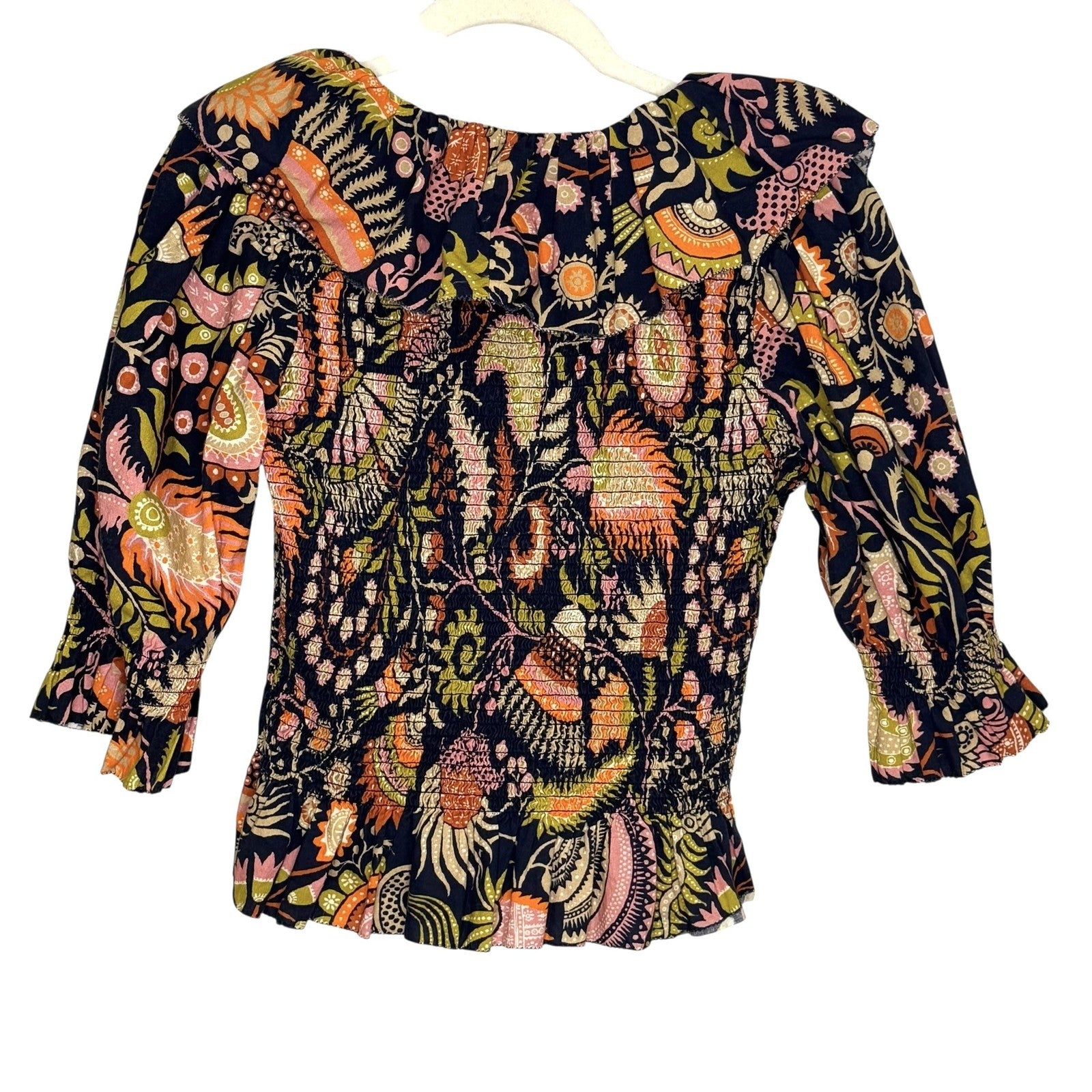 Love The Label Blouse Womens Small Black Multi Smocked Floral Boho Peasant Top