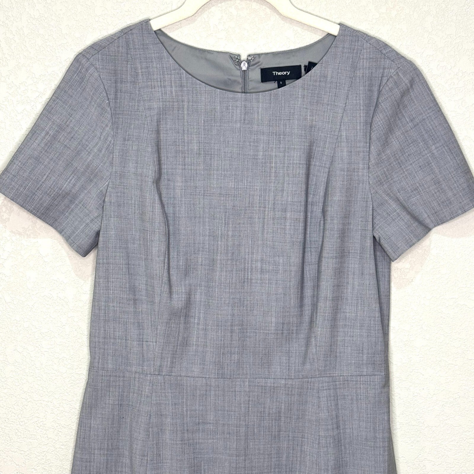 Theory Cassii Dress Size 6 Gray Melange Suiting Short Sleeve Wool Blend Career