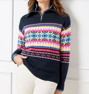 Talbots Half-Zip Mockneck Sweater Stripe Fair Isle Size XL