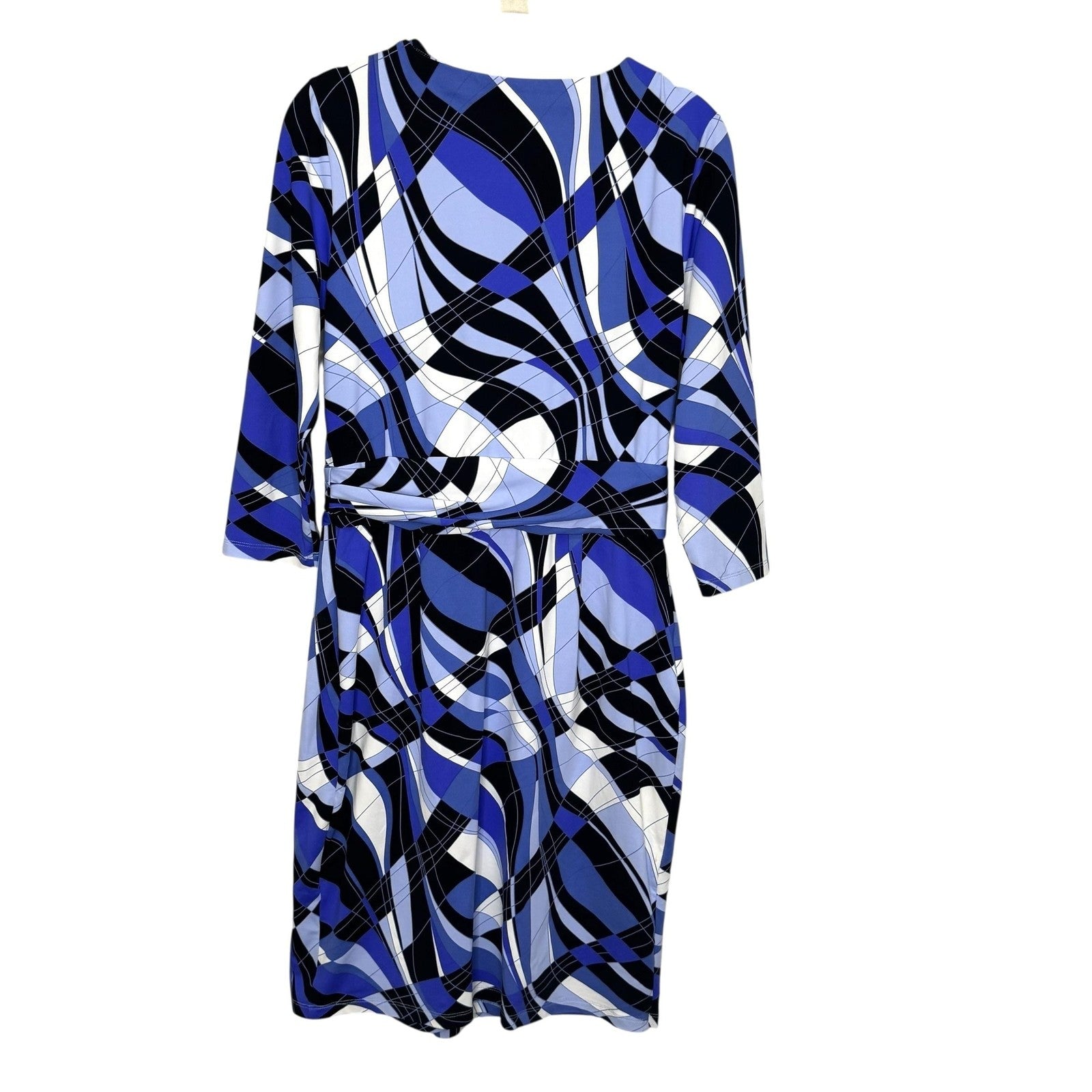 J McLaughlin Dress Womens Small Blue Black White Wrap 3/4 Sleeve Geometric Print