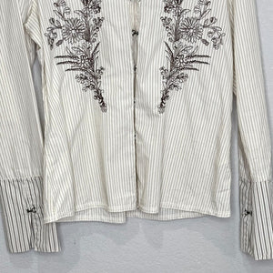 Johnny Was Shirt Size Small Ivory Striped Long Sleeves Hook & Eye Embroidered