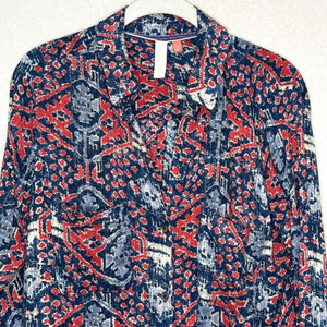 Anthropologie PILCRO Top Blouse Size Medium Blue Red Print Boho Button Up