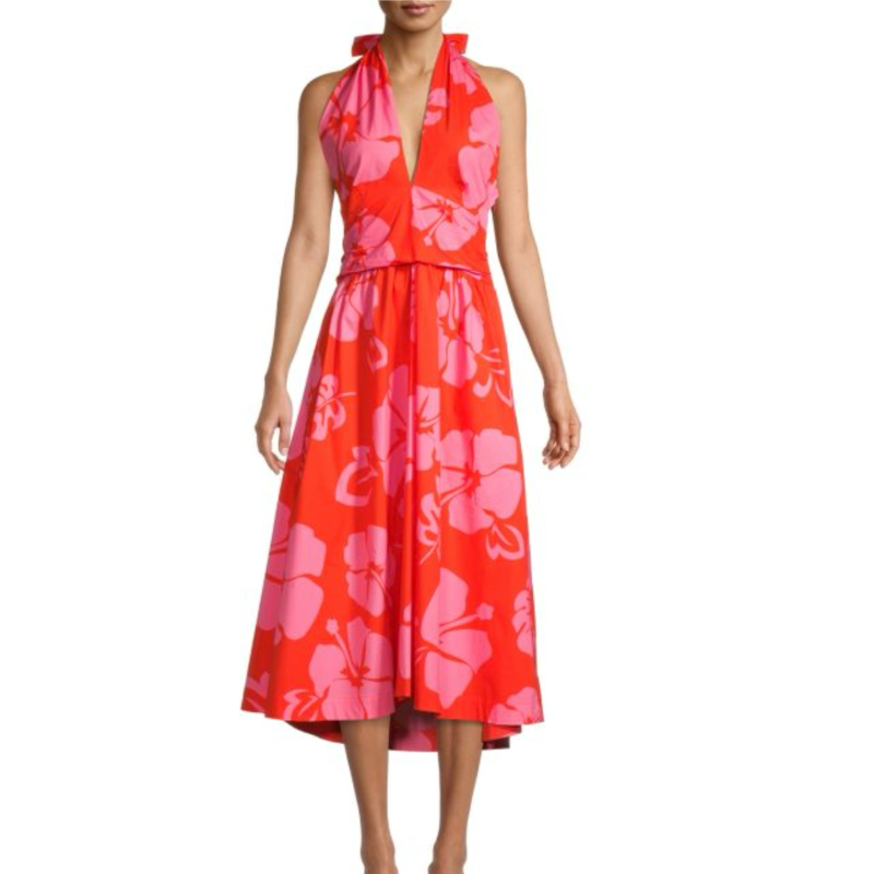 Staud Dress Moana 8 Red Pink Floral Halter Midi Open Back Summer Vacation Beach