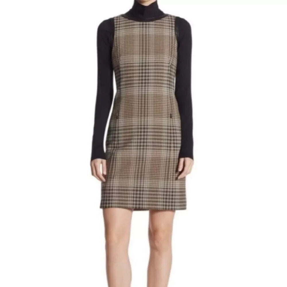 Akris Punto Sleeveless Plaid Print Shift Dress in Brown/Tan/Black Size Medium