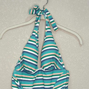 Shoshanna Blue Striped Tie Waist One Piece Halter Swimsuit Size 8 NEW $215