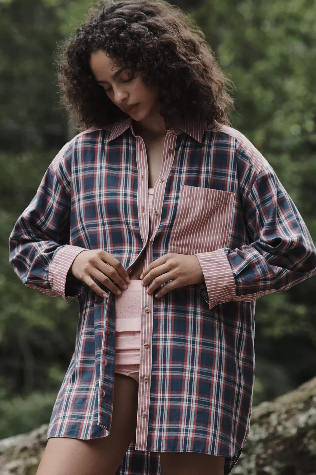 Anthropologie Shirt  XXS XS S Navy Red Plaid Stripe Button Front Oversized
